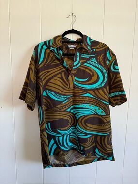 Manuhealii Brown & Teal Swirl Short-Sleeve Button-Down Shirt Medium